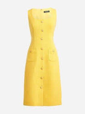 J. Crew Sophia Sleeveless Tweed Wool 10 yellow large Midi‎ Dress gold buttons